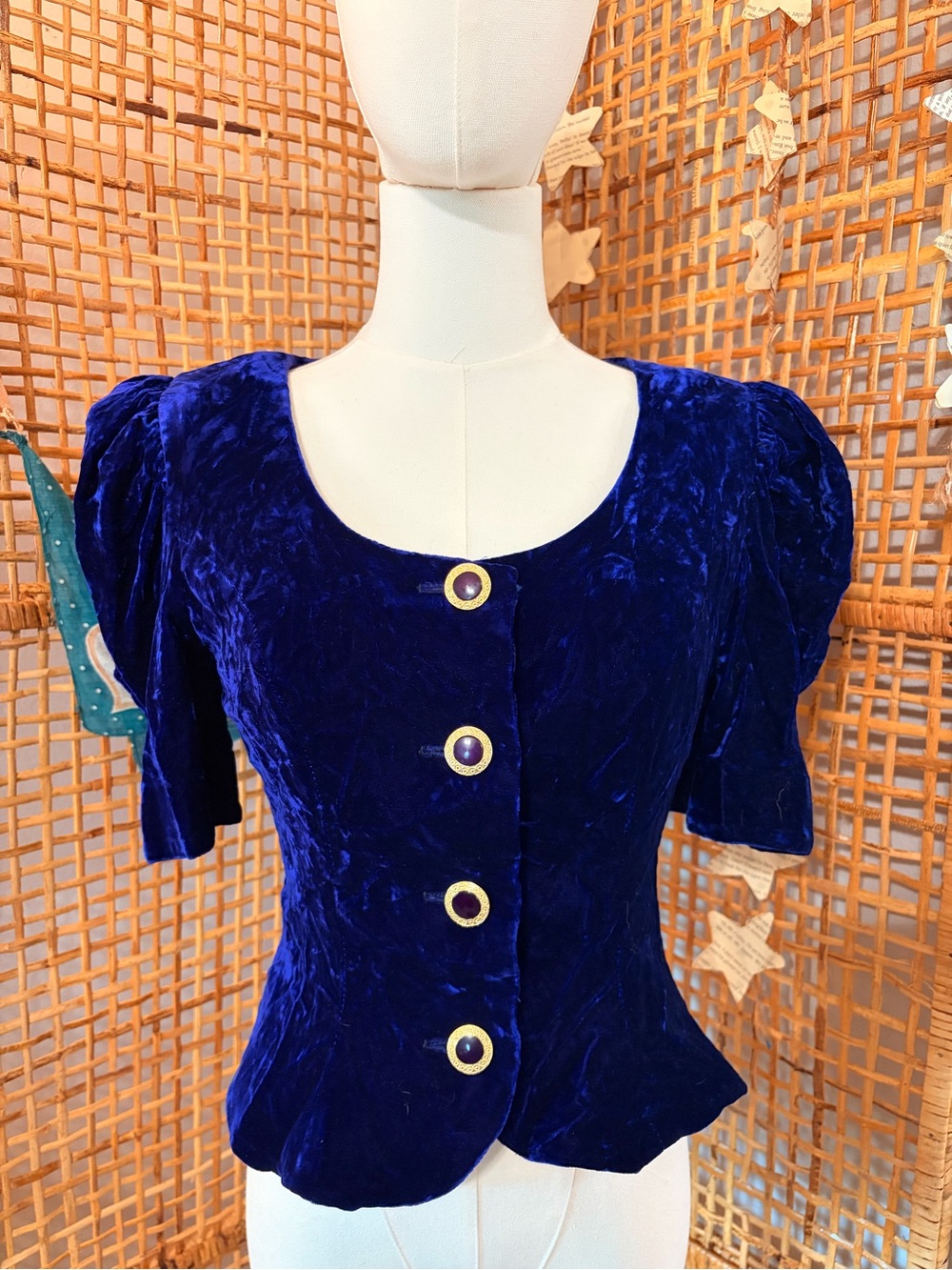 Vintage Royal Blue Velvet Button Front Peplum Top